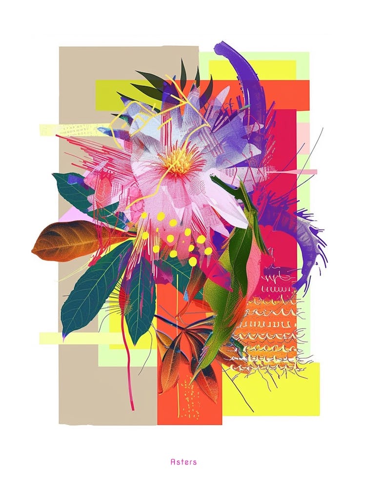 Asters 4 Neon Flower Collage Poster