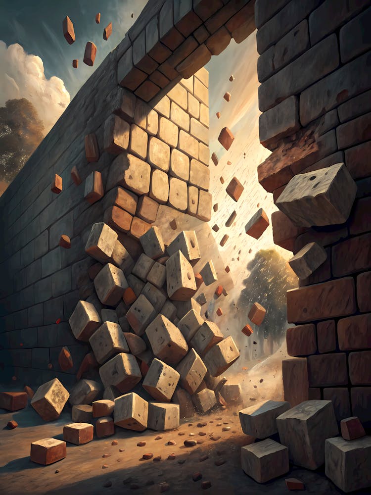 3D Stone Bricks Bursting Out Oil Painting Style
