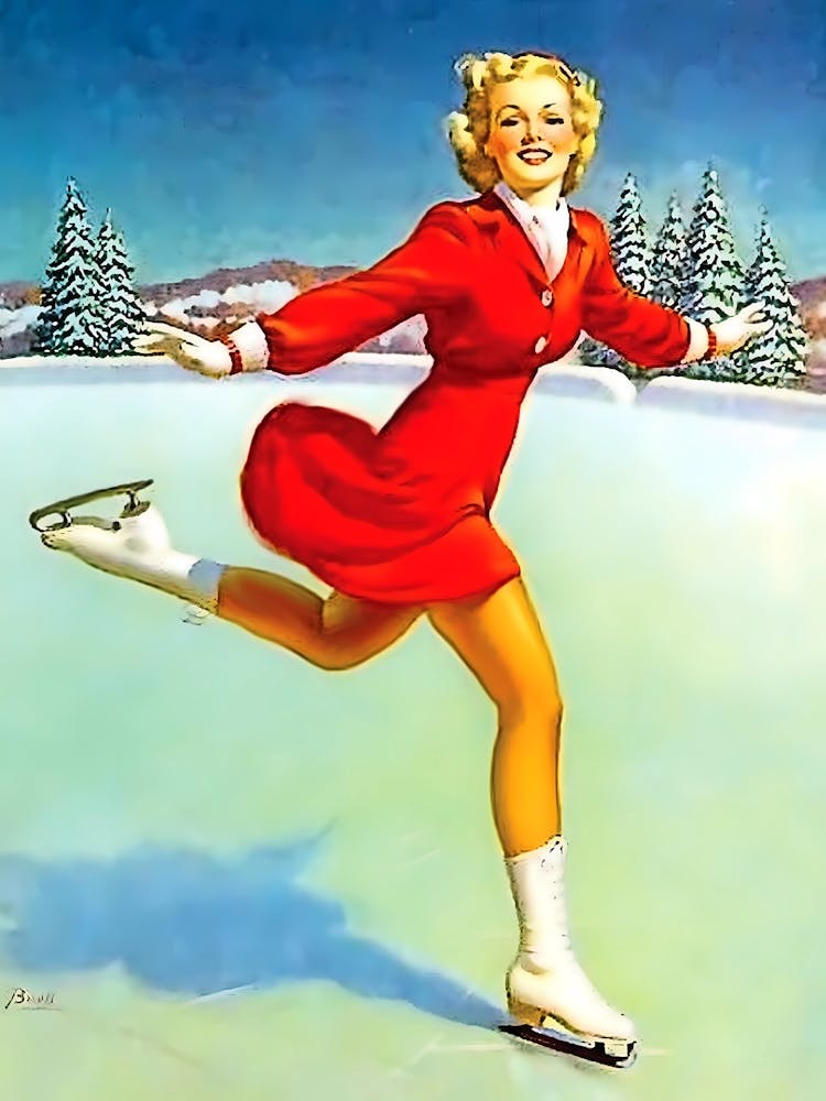Pinup Ice Skating Girl In Red Dress