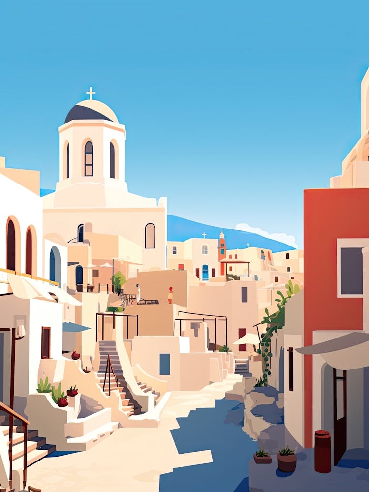 Santorini, Greece, Flat Illustration 3