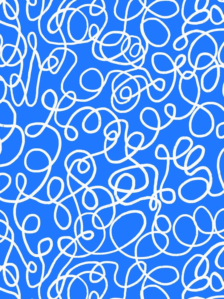 Loops and Knots Tangled Abstract Textured Line Doodle Swirls White on Blue