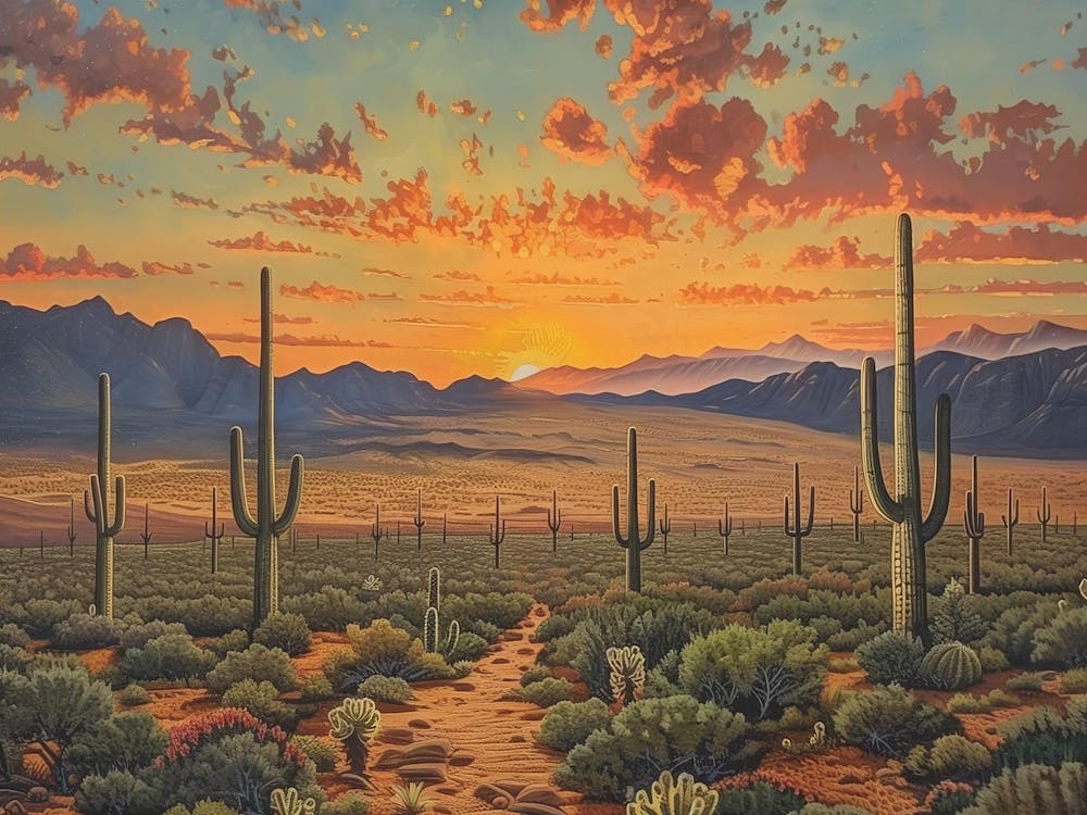 Wüsten-Sonnenuntergang-Gemälde, Naturlandschaftskunst, Heimdekoration, Geschenk für Naturliebhaber, Leinwanddruck, Leinwandkunst, Kakteenkunst, Sonnenuntergangskunst