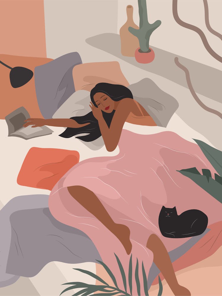 Woman Sleeping Poster – Modern Minimal Wall Art with Black Cat