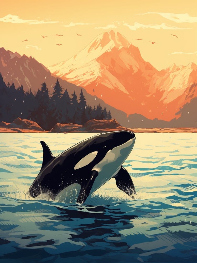 Modern Orca Whale Drawing Diving Out Of Water With Mountains