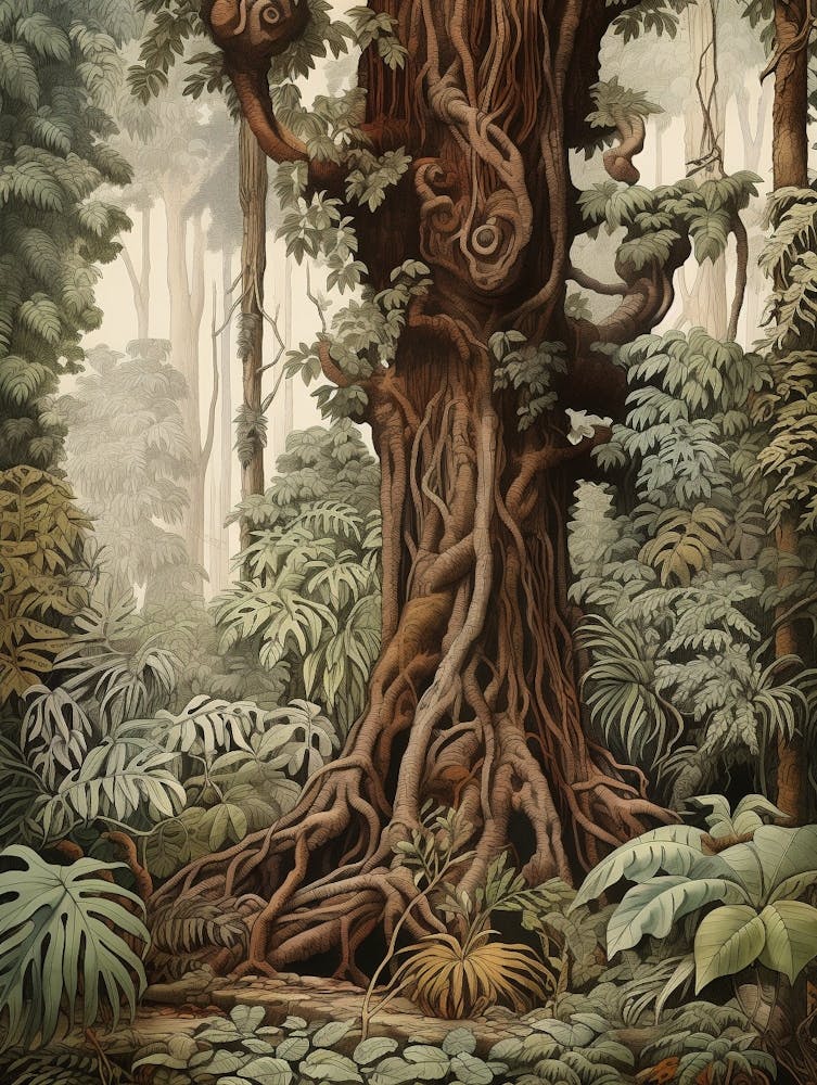 Vintage Dschungel Botanische Illustration Regenwaldbaum 1