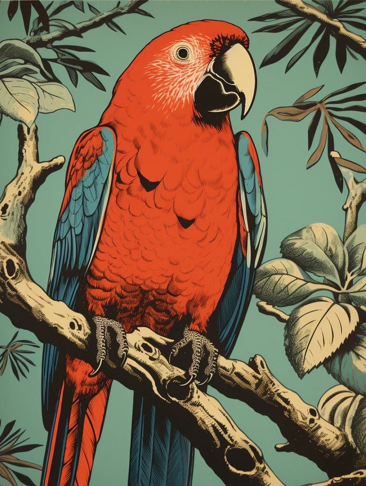 Vintage Bird Linocut Parrot 3