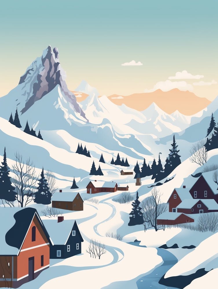 Vintage Winter Travel Illustration Lofoten Islands Norway 3