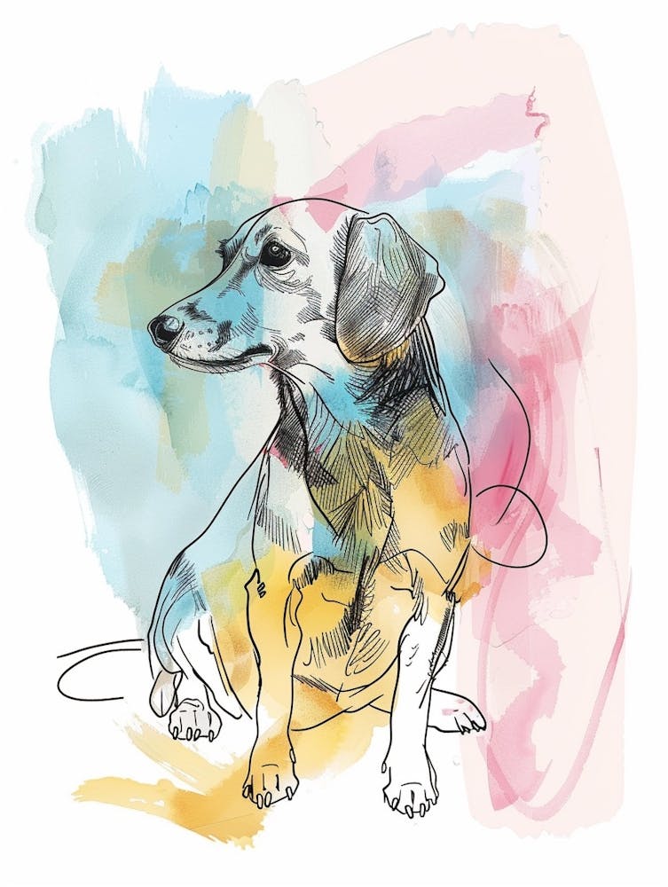 Dachshund Dog Pastel Line Watercolour Illustration  3