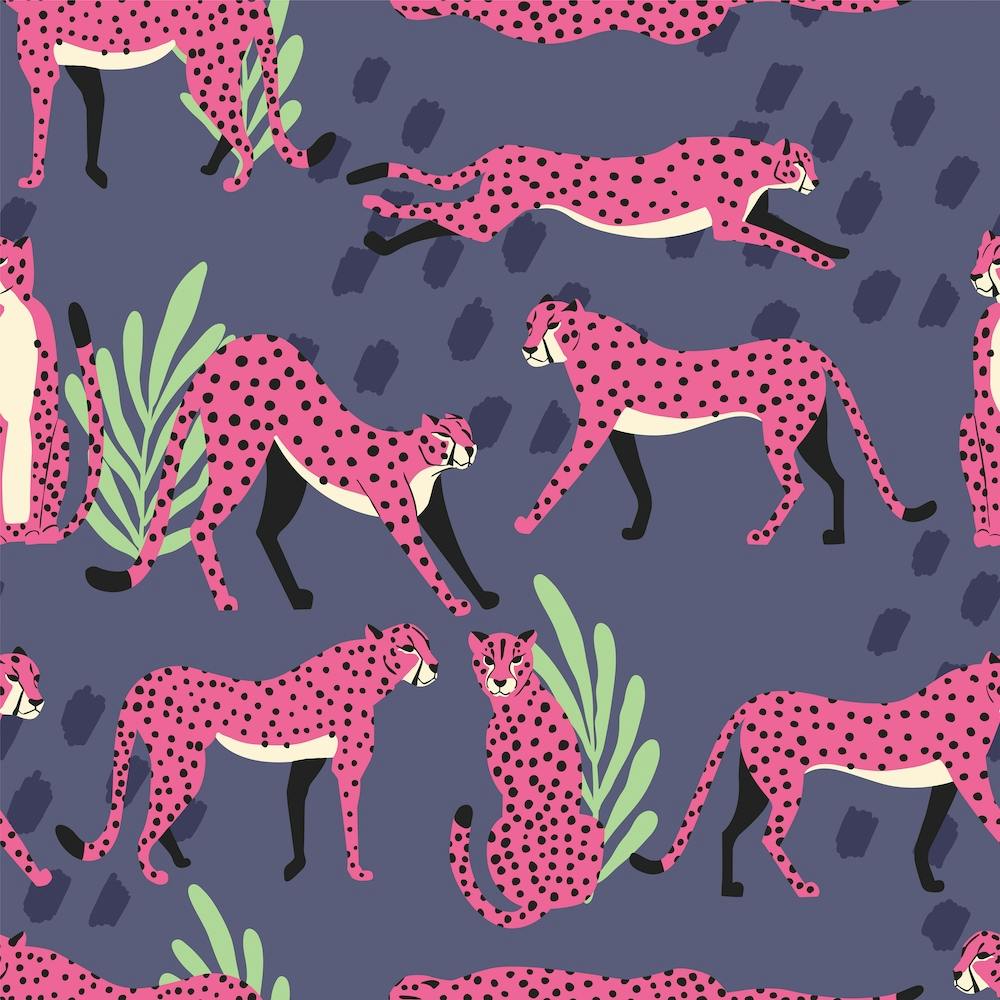 Tropical Pink Cheetah Pattern On Purple With Florals And Decoration Square