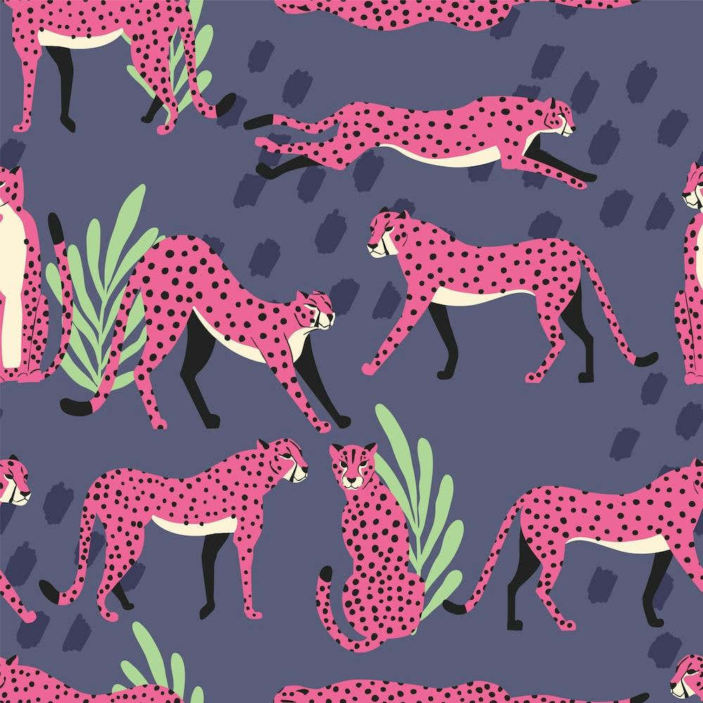 Tropical Pink Cheetah Pattern On Purple With Florals And Decoration Square