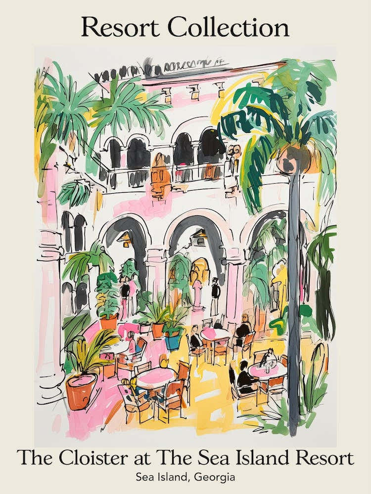 Poster Of The Cloister At The Sea Island Resort Collection   Sea Island, Georgia   Resort Collection Storybook Illustration 3