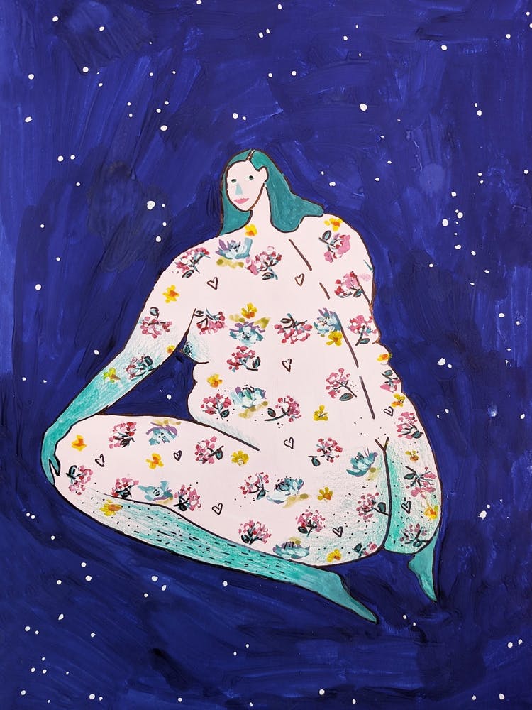 Female body in cute colors blue background