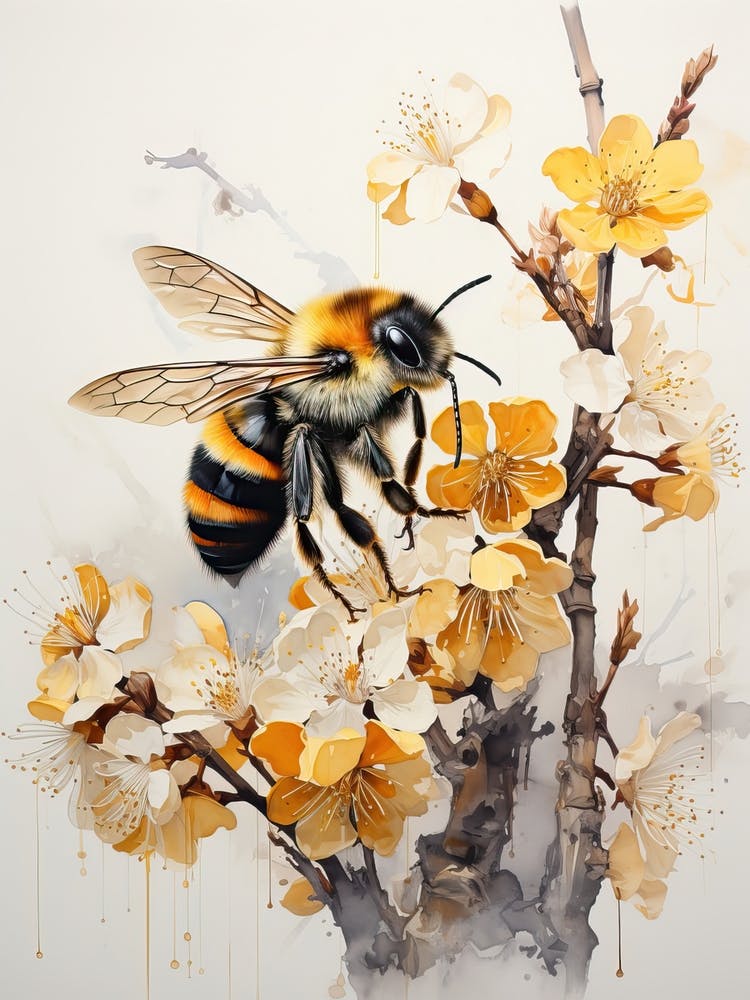 Bumblebee, Japanese Brush Painting, Ukiyo E, Minimal 1