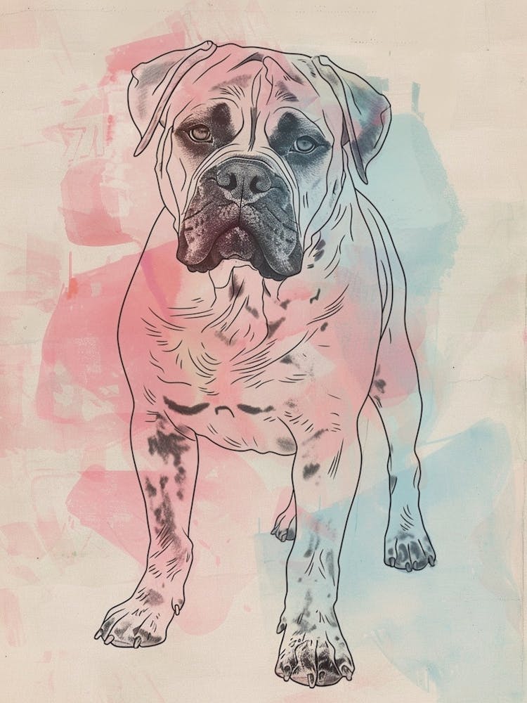 Dogue De Bordeaux Dog Pastel Line Watercolour Illustration  1