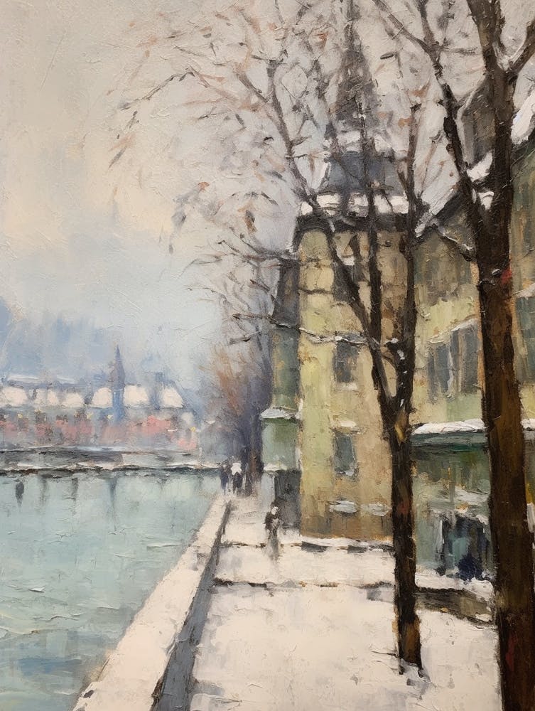 Vintage Winter Painting Geneva Switzerland