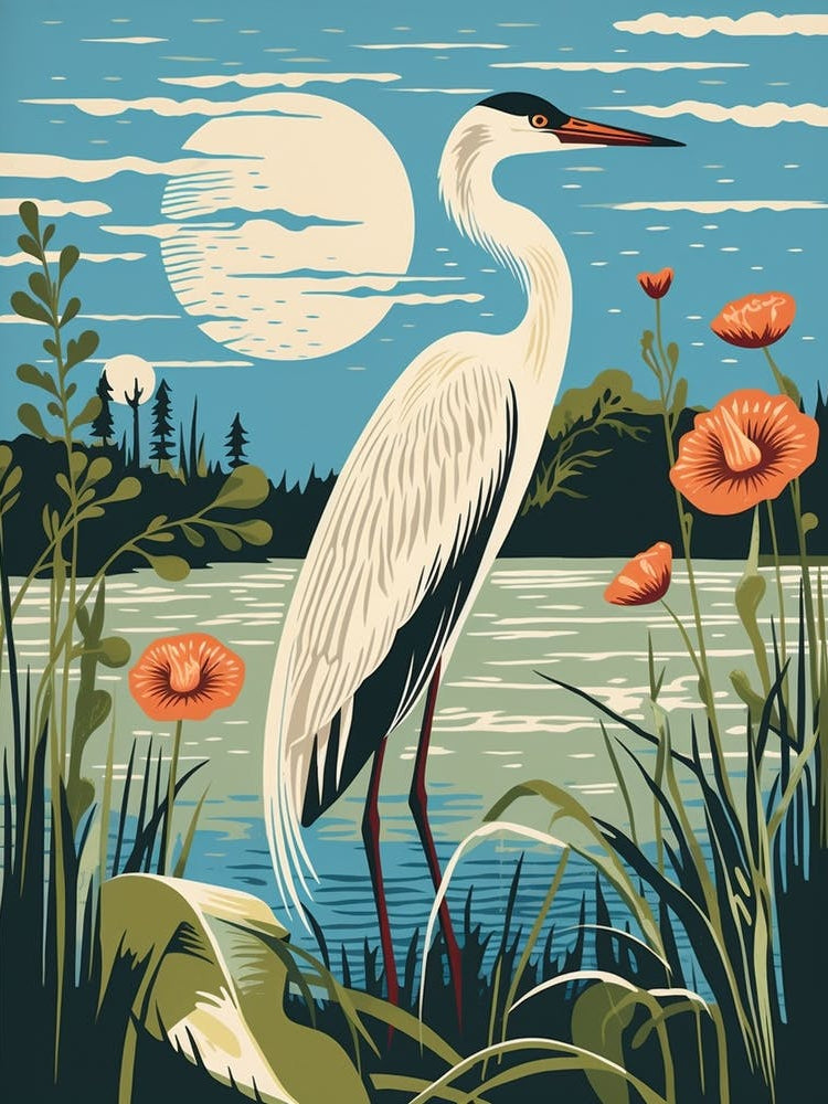 Vintage Bird Linocut Egret 2