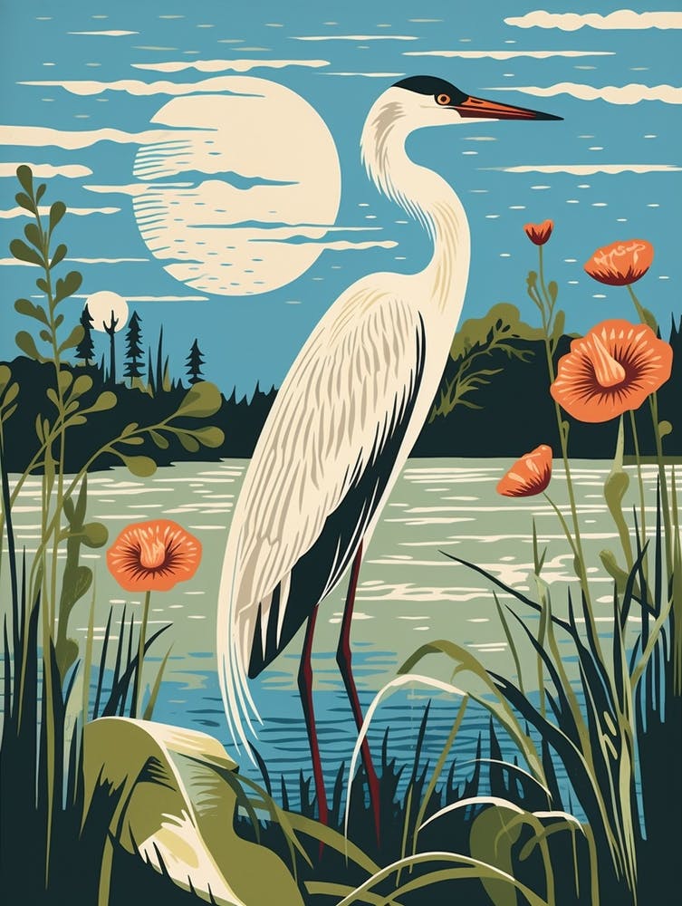 Vintage Bird Linocut Egret 2