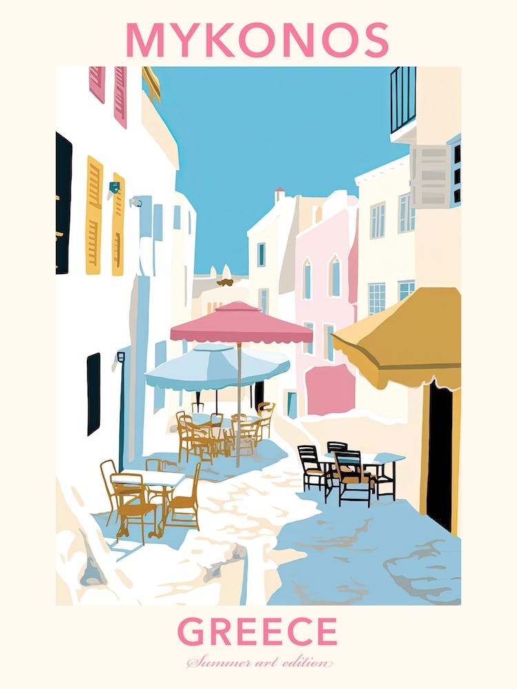 Mykonos, Greece, Flat Pastels Tones Illustration 1 Poster