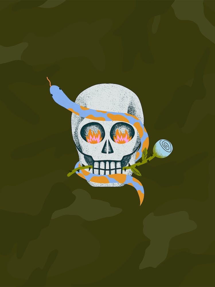 Flaming Skullhead With A Snake Rose Combo