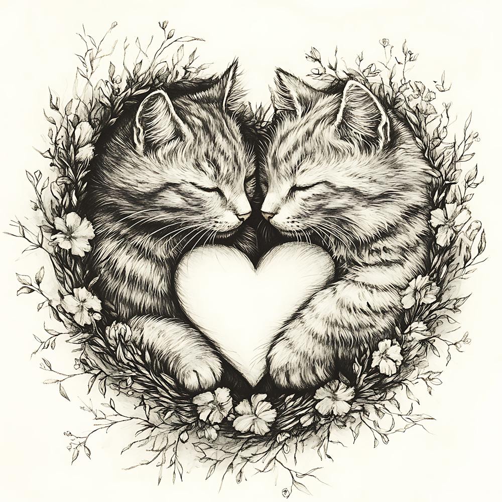 Delicate Ink Drawing of Cats Love Heart 4