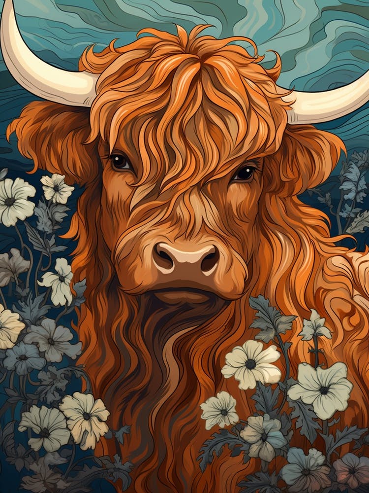 Wavy Line Highland Cow At Night Illustration 1
