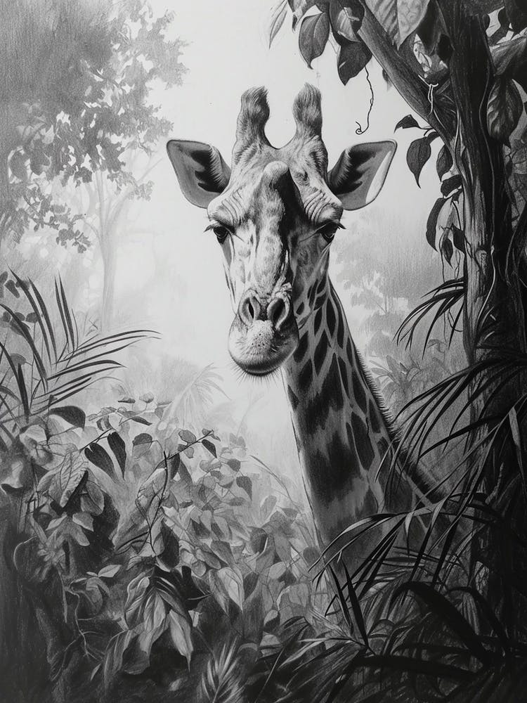 Pencil Portrait Of Giraffe In The Leaves 1