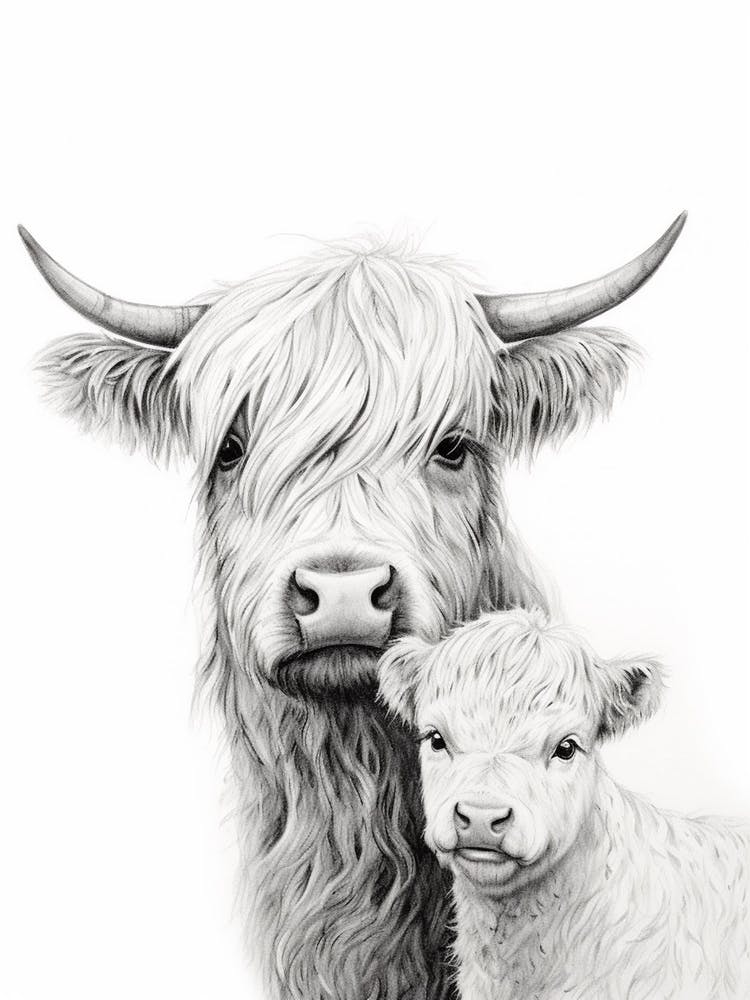 Black & White Illustration Of Highland Cow With 