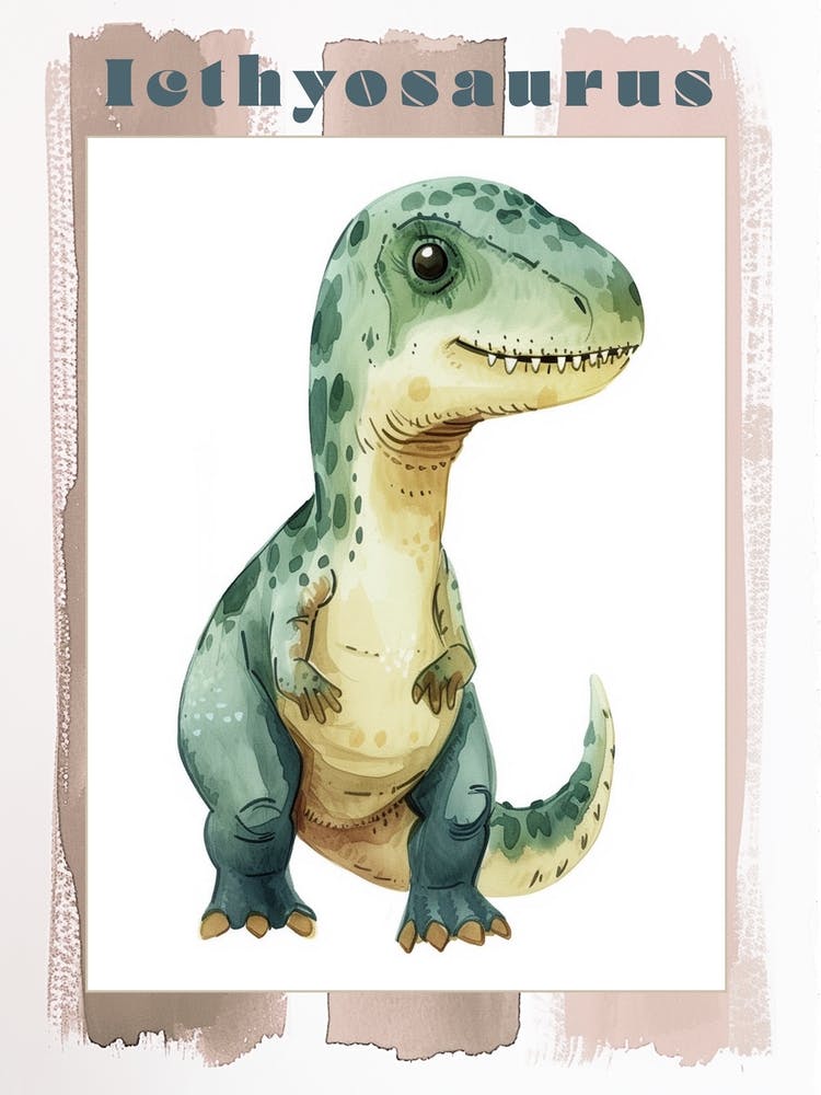 Cute Cartoon Icthyosaurus Dinosaur Watercolour 1 Poster