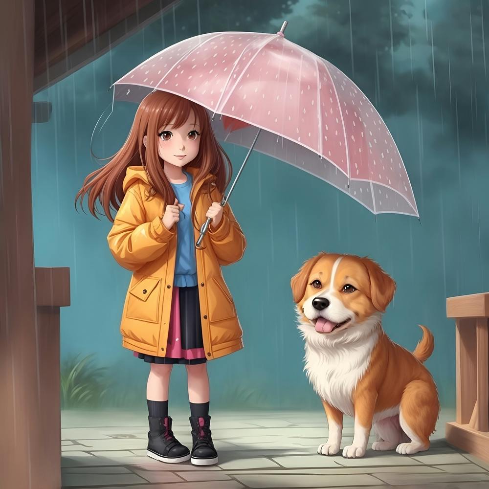 Girl And Dog In The Rain