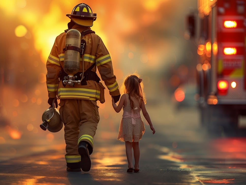 Firefighter Who Is 40 Years Old In Uniform With Oxygen Cylinder And Helmet; Walking With His Daughter Who Is 10 Years Old; In Backview; Firetruck In The Background; Vector; Ultra Realistic; Very Detailed