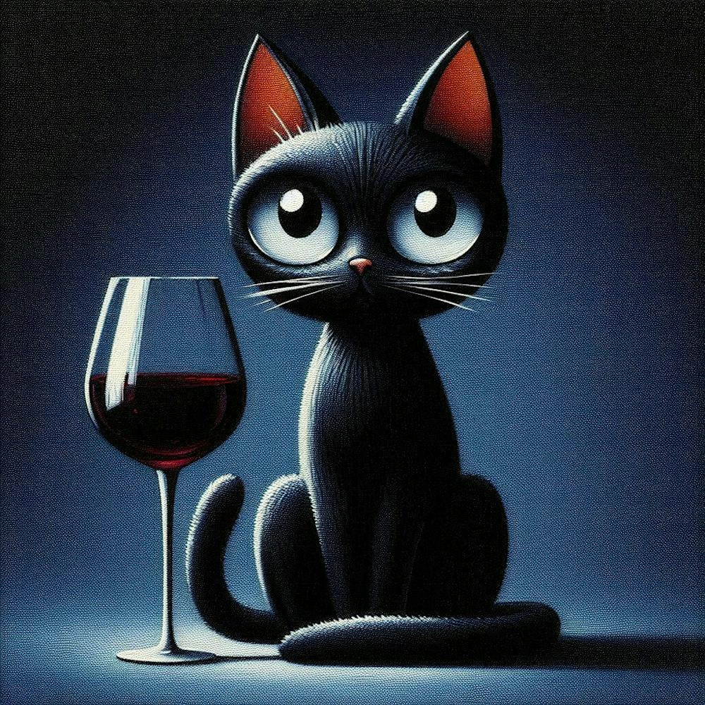 Schwarze Katze mit einem Glas Wein 1