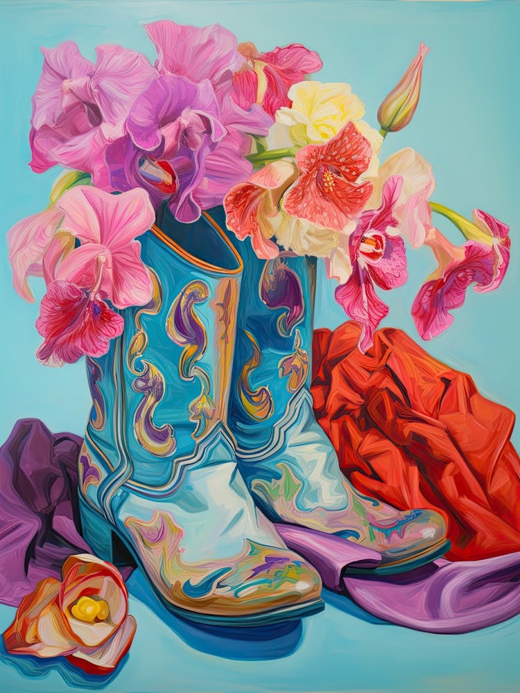 Ölgemälde von pinken und roten Blumen und Cowboystiefeln, Öl-Stil 7
