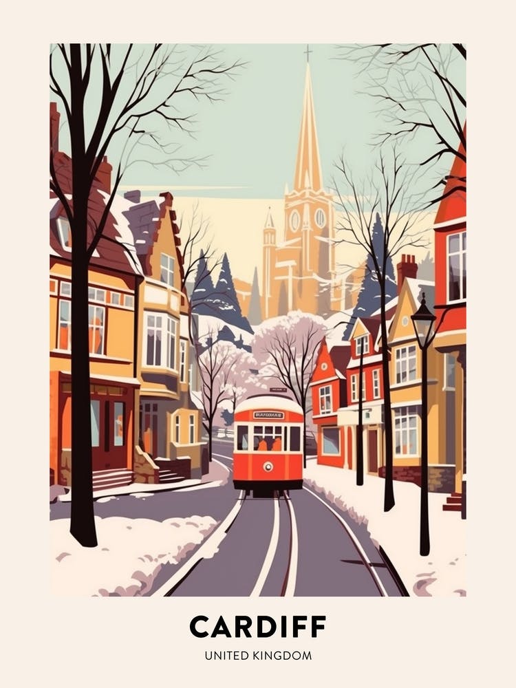 Vintage Winter Travel Poster Cardiff United Kingdom 2
