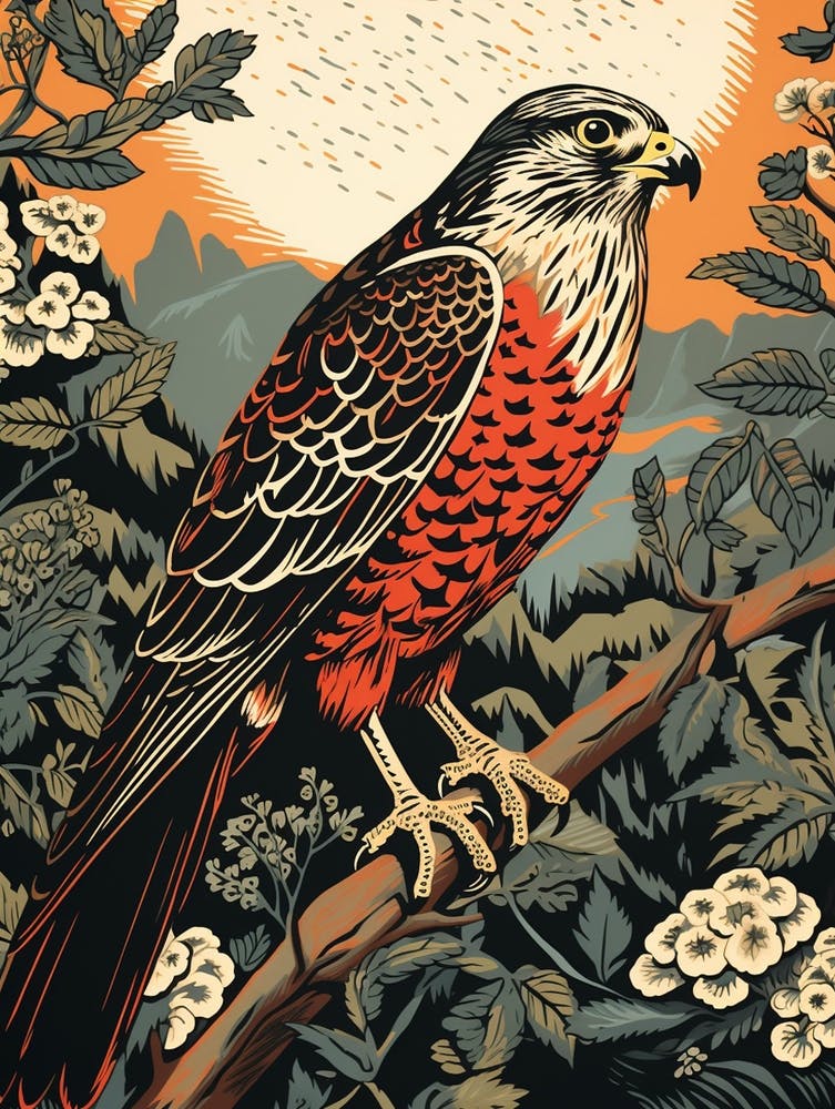 Vintage Bird Linocut Falcon 1