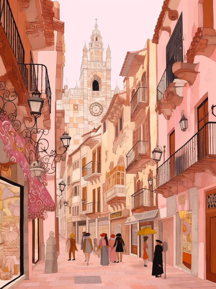Valencia Spain 5 Vintage Pink Travel Illustration