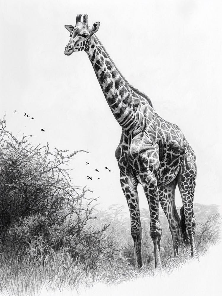 Giraffe In The Wild Pencil Drawing 2