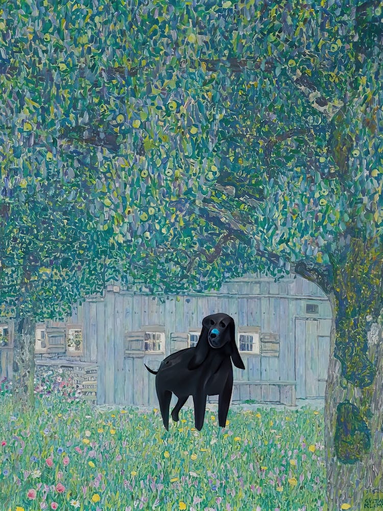 Farmhouse In Buchberg With A Black Dog   Gustav Klimt Inspired