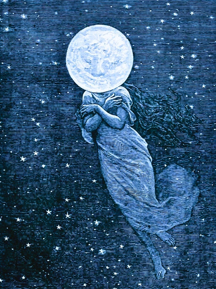 Around the Moon - Vintage Emile Bayard 1870 - Engraving for Jules Vernes Book Full Blue Moon Witchy Fairytale Pagan Woman With Face on the Moon Witch Witchcraft