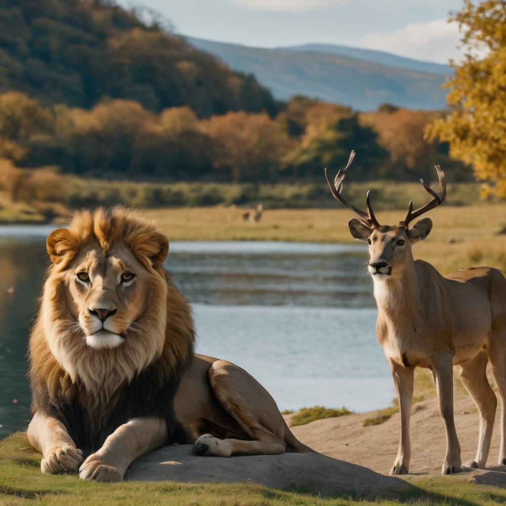 Lion And Deer Sitting At One Place