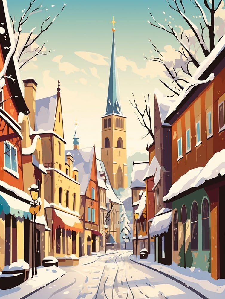 Vintage Winter Travel Illustration Tallinn Estonia 2