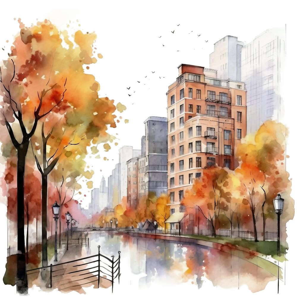 Watercolor Autumn Cityscape 3