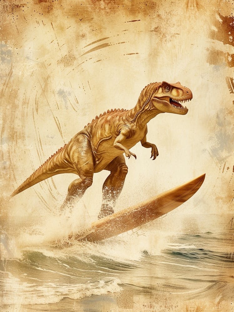 Vintage Carnotaurus Dinosaur On A Surf Board 1
