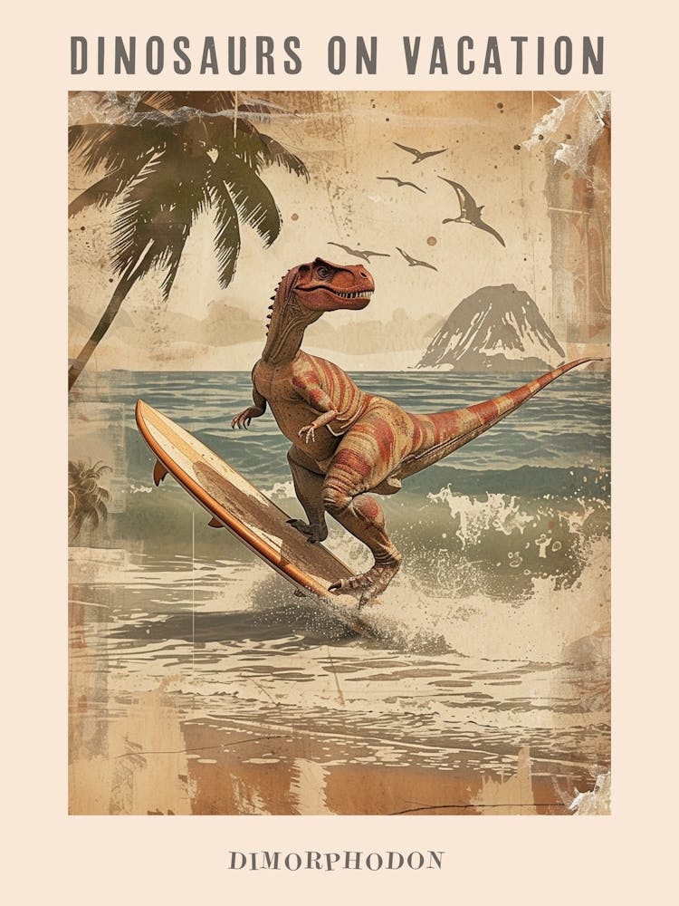 Vintage Dimorphodon Dinosaur On A Surf Board 2 Poster