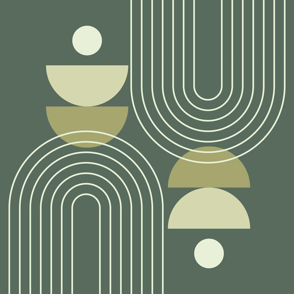 Mid Century Modern Geometric, Sun, Moon Phases, Rainbow Abstract in Forest Sage Green