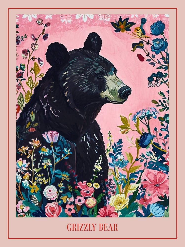 Floral Animal Painting Grizzly Bear 2 Poster