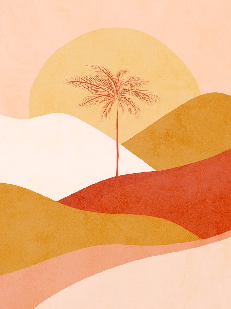 Mid Mod Boho Serene Tropical Palm Summer Sunset Peach Fuzz, Red, Ochre