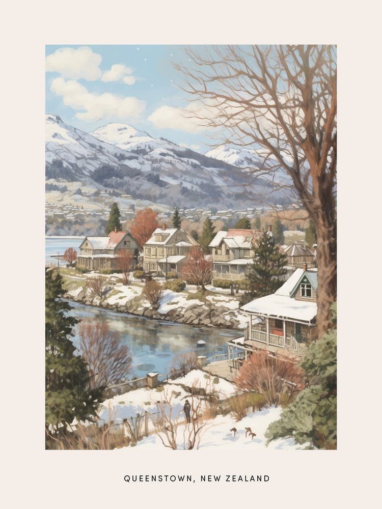 Vintage Winter Poster Queenstown New Zealand 1