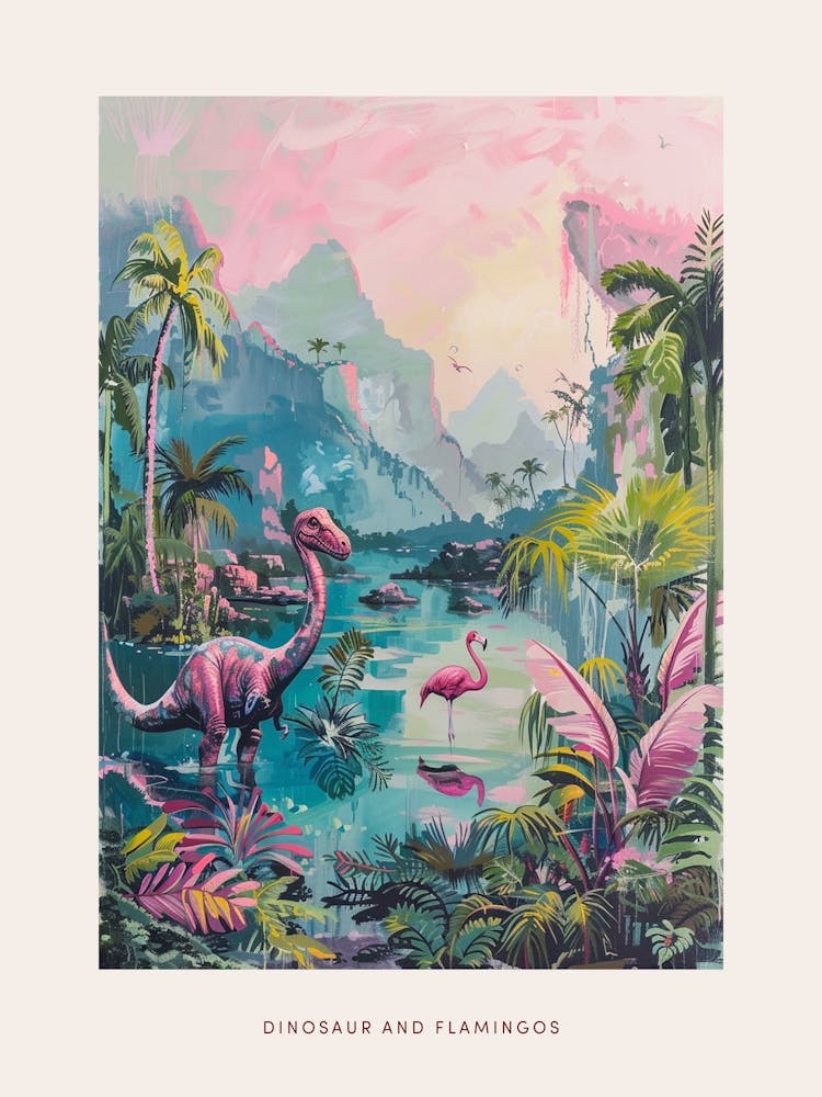 Dinosaur With The Flamingos Painting 2 Poster