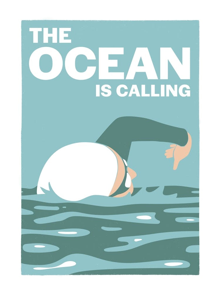 The ocean is calling – retro vintage swimming poster in bathroom greens