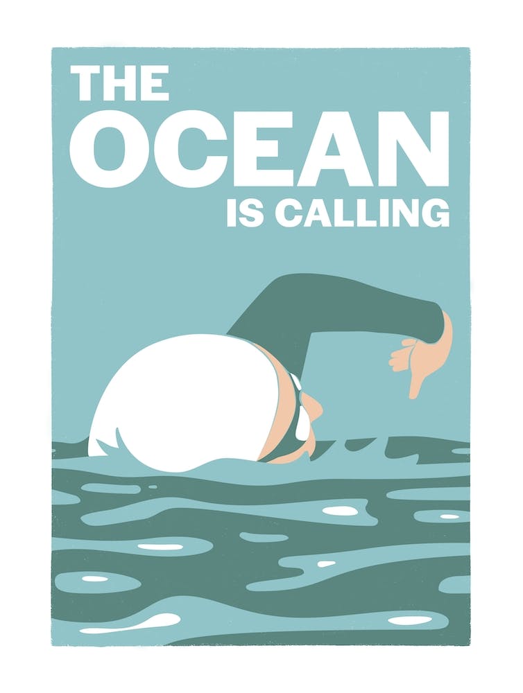 The ocean is calling – retro vintage swimming poster in bathroom greens